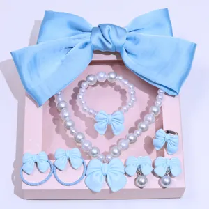 Kids sweet bow pearl jewelry set necklace bracelet ring earrings hair accessories gift