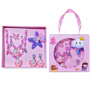 Children princess jewelry gift set with necklace bracelet ring earrings and hair clips.