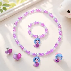 Kids Mermaid Pearl Necklace Bracelet Earrings Ring Set Cute Princess Beaded Jewelry Gift