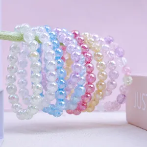 Colorful iridescent beaded bracelets set for kids girls, sweet pastel crystal style jewelry gift.