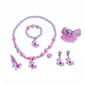 Kids unicorn jewelry set necklace bracelet earrings hair clip cute pink princess gift accessories