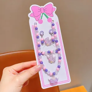 Kids pearl necklace bracelet earrings set cute princess purple pink cartoon jewelry accessories