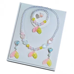 Kids mermaid bead jewelry set necklace bracelet earrings ring cute princess accessories