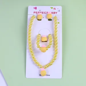 Children pearl necklace bracelet earrings ring set yellow pineapple cute kids jewelry gift