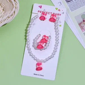 Kids pearl necklace set cute cartoon pink rabbit earrings bracelet sweet princess jewelry gift