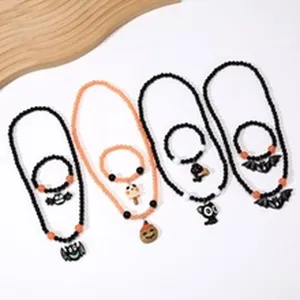Kids Halloween Necklace Earrings Set Resin Cartoon Pumpkin Ghost Bat Jewelry Party Accessories For Children