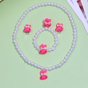 Kids Cute Cartoon Pearl Necklace Bracelet Earrings Ring Set Girls Sweet Princess Imitation Pearl Jewelry Gift
