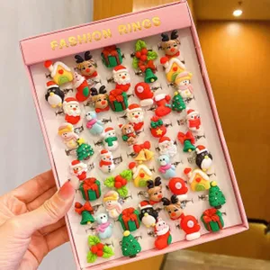 Children Christmas resin rings set cute cartoon Santa snowman elk jewelry gift box for kids