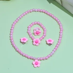 Children pink pearl necklace bracelet ring earrings set cute flower jewelry for little girls