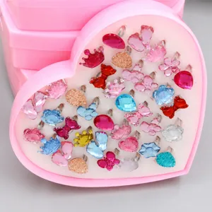 Children's crystal ring set in a lovely pink heart-shaped box with adjustable toy rings.