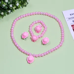 Kids pink pearl necklace set cute little hat pendant bracelet ring earrings jewelry gift