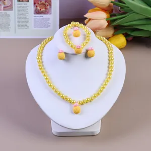 Kids yellow pearl jewelry set cute cartoon pineapple necklace bracelet earrings for girls.