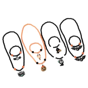 Kids Halloween necklace bracelet set with cute bat pumpkin black cat charms for party dress up.