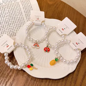 Korean Cute Alloy Beaded Charm Bracelet With Imitation Pearl Cartoon Pendant Fashion Jewelry Gift For Kids Women