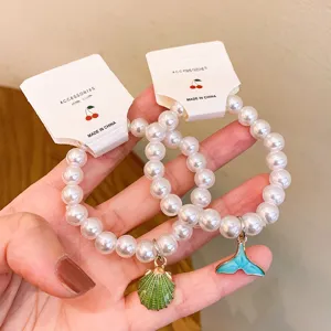 Korean cute pearl beaded bracelet set with shell and fish tail pendants for women sweet style