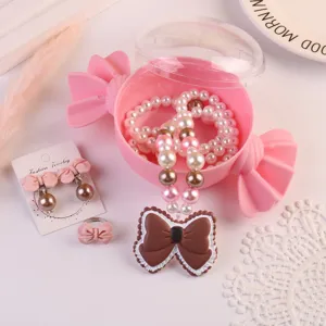 Children candy box pearl necklace bow earrings ring set cute little girl jewelry gift box