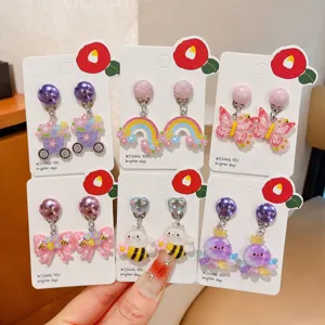 Cute cartoon clip-on earrings for kids, pain-free resin design, vibrant party jewelry gift.