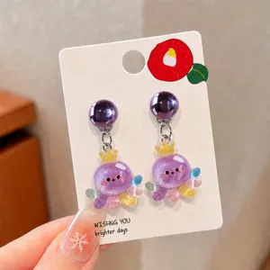 Cute purple octopus clip-on earrings for kids, cartoon style, no piercing pain-free jewelry.
