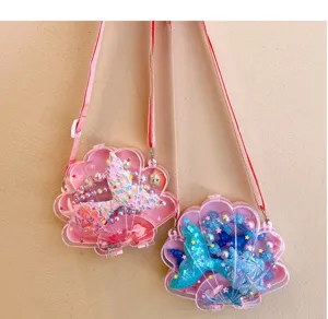 Kids mermaid seashell clear crossbody bag and toy jewelry set for girls cute gift.
