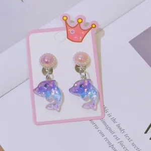 Cute dolphin clip-on earrings for kids, lovely purple animal jewelry detail showcase.