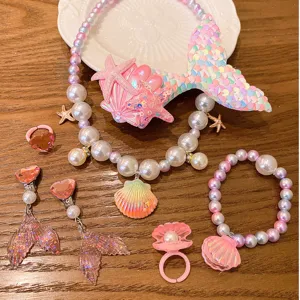 Kids mermaid pearl necklace jewelry set with bracelets rings and earrings for girls