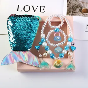 Kids mermaid tail sequin bag necklace set princess pearl jewelry gift box for girls party dress up