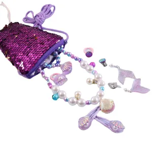 Children mermaid necklace set pearl shell hair clips cute sequin bag girl jewelry gift