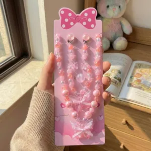 Kids pink pearl beaded jewelry set cute bow necklace bracelet rings earrings accessory