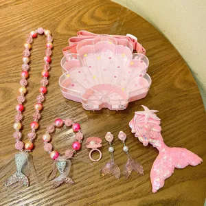 Kids mermaid jewelry set pink shell bag pearl necklace bracelet earrings cute girls gift toy