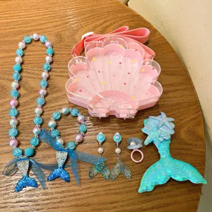 Kids mermaid jewelry set pink shell bag pearl necklace bracelet earrings ring set for girls