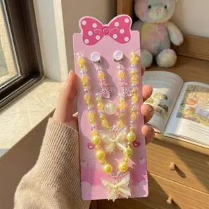 Children pink bow pearl jewelry set necklace bracelet earrings cute accessories detail view