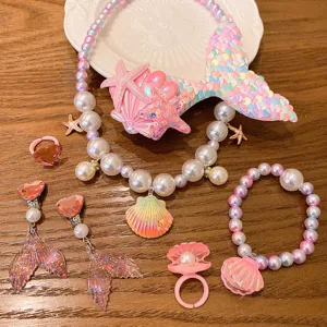 Children pearl necklace mermaid jewelry set, cute pink shell pendant bracelet earrings.