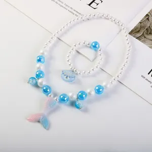 Children mermaid necklace bracelet set cute pearl beads shell pendant girls jewelry gift