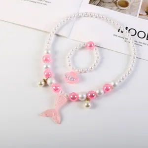 Children mermaid pearl necklace bracelet set cute pink shell pendant kids jewelry accessories