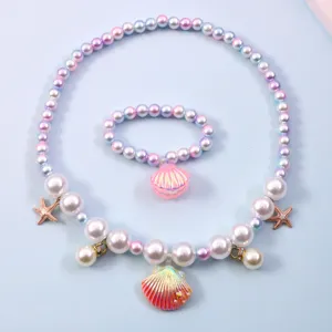 Kids mermaid pearl necklace and bracelet set, cute shell starfish charms, sweet toddler jewelry.