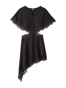 Black satin dress featuring delicate lace trim, stylish waist cutouts and asymmetrical hem.