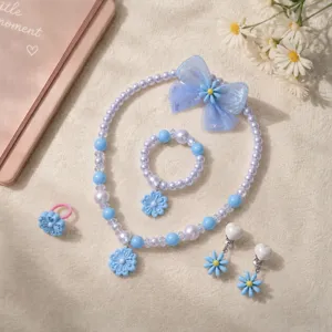 Children beaded necklace bracelet set princess blue flower hair clip ring jewelry