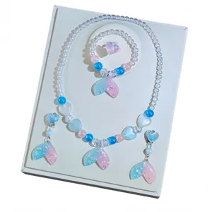 Kids mermaid tail beaded necklace bracelet earrings ring set, cute princess jewelry accessories.