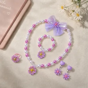 Children beaded necklace bracelet set cute princess flower hair clips rings earrings detail