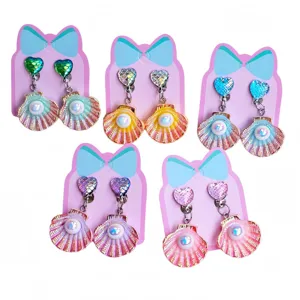 Kids clip-on earrings set mermaid seashell pearl cute princess party dress up jewelry gifts
