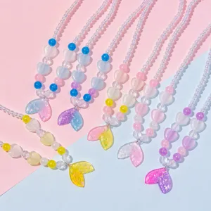 Kids Mermaid Tail Bead Necklace Bracelet Earrings Ring Set Cute Princess Cartoon Jewelry Gift