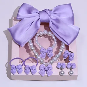 Children purple bow pearl necklace bracelet ring hair clips set sweet girl jewelry accessories