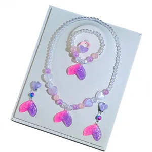 Kids mermaid tail beaded necklace bracelet earrings ring jewelry set for princess dress up.