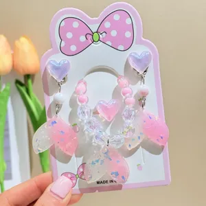 Children cartoon mermaid tail bracelet ring ear clips set cute pink children jewelry