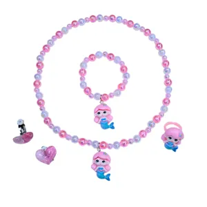 Kids Mermaid Beaded Necklace Bracelet Ring Earrings Set Cute Princess Jewelry for Girls