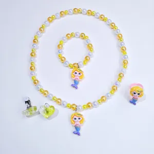 Kids mermaid pearl jewelry set including necklace bracelet earrings and ring for cute girls.