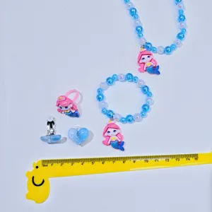 Kids mermaid pearl necklace bracelet ring earrings set cute pink blue cartoon jewelry gift for girls