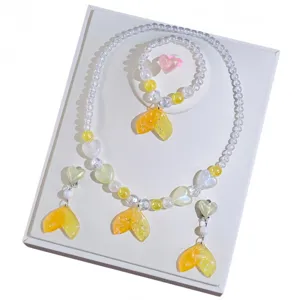 Kids mermaid tail beaded necklace bracelet clip-on earrings ring jewelry set for girls