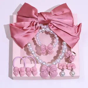Kids pink bow pearl necklace bracelet ring hair clips jewelry gift set exquisite details.