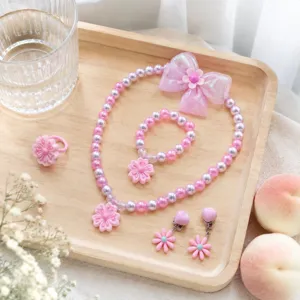Kids Beaded Necklace Bracelet Ring Ear Clip Hair Clip Princess Flower Jewelry Little Girl Cute Fashion Gift